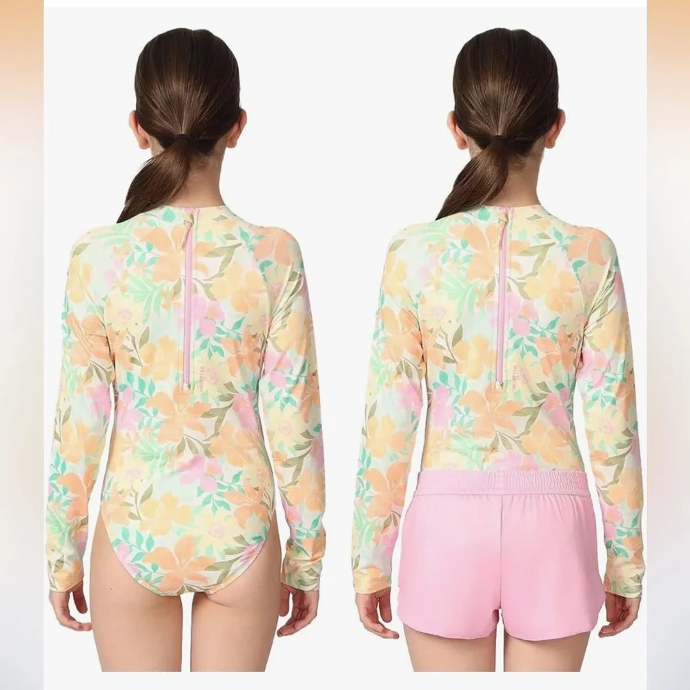 NWT Billabong Girls 2-Piece Swim Floral Rash Guard Bodysuit Shorts Pink